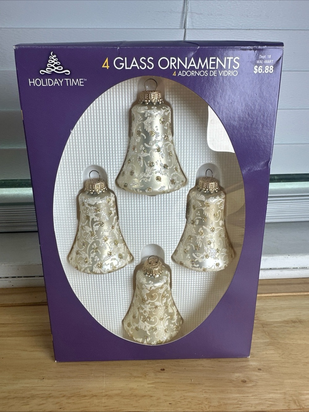 Holiday Time Gold and White Glass Bell Ornaments - Set of 4